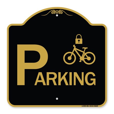 Signmission Parking With Cycle and Lock, Black & Gold Aluminum Architectural Sign, 18" x 18", BG-1818-24625 A-DES-BG-1818-24625